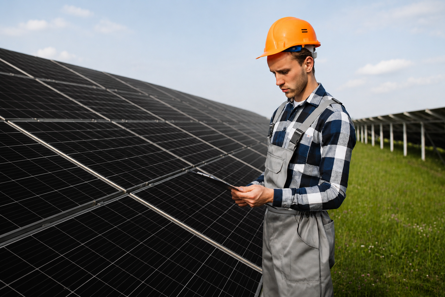 Goal Solar installer inspecting solar panels on site